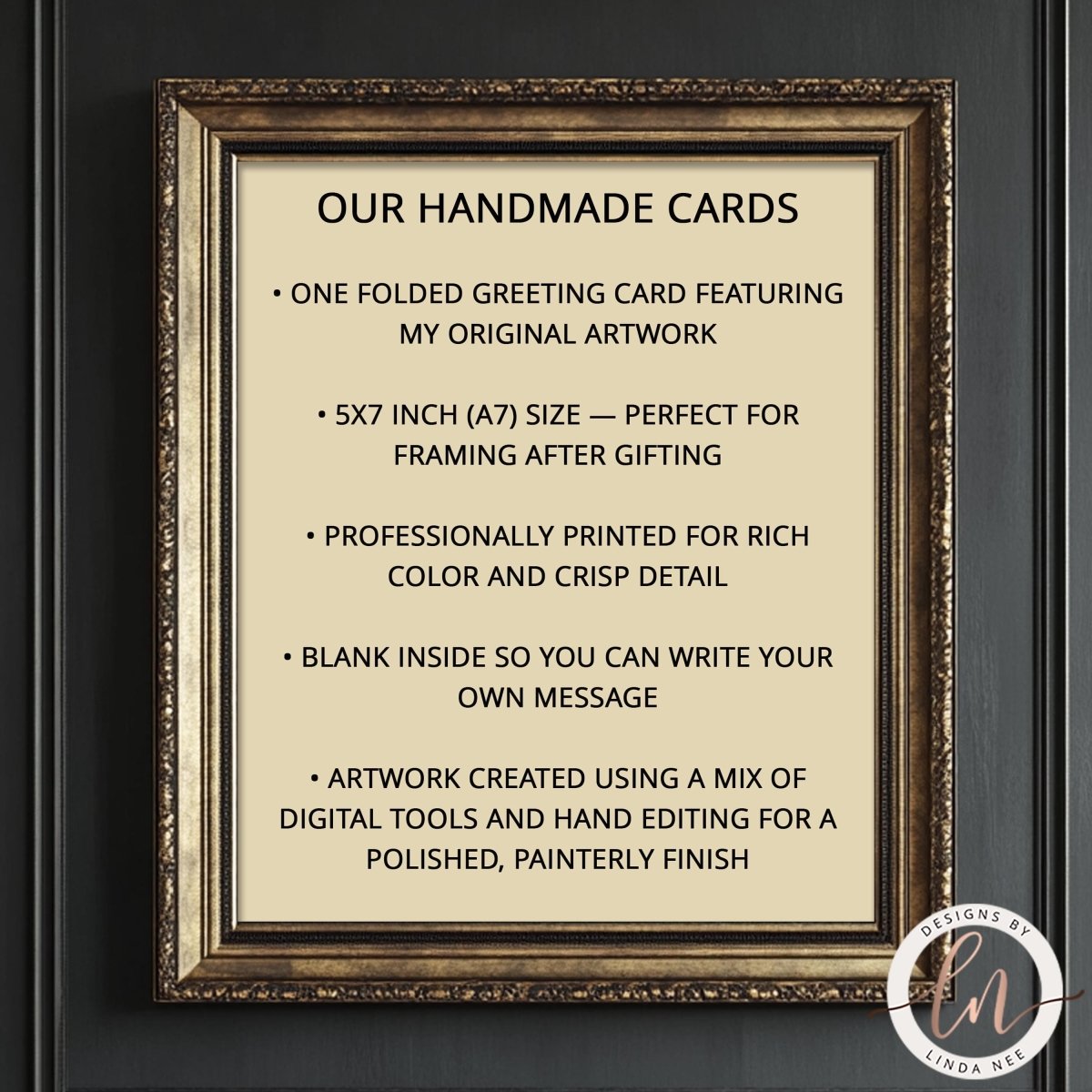 Framed description of handmade cards with gold frame and black text on a dark background