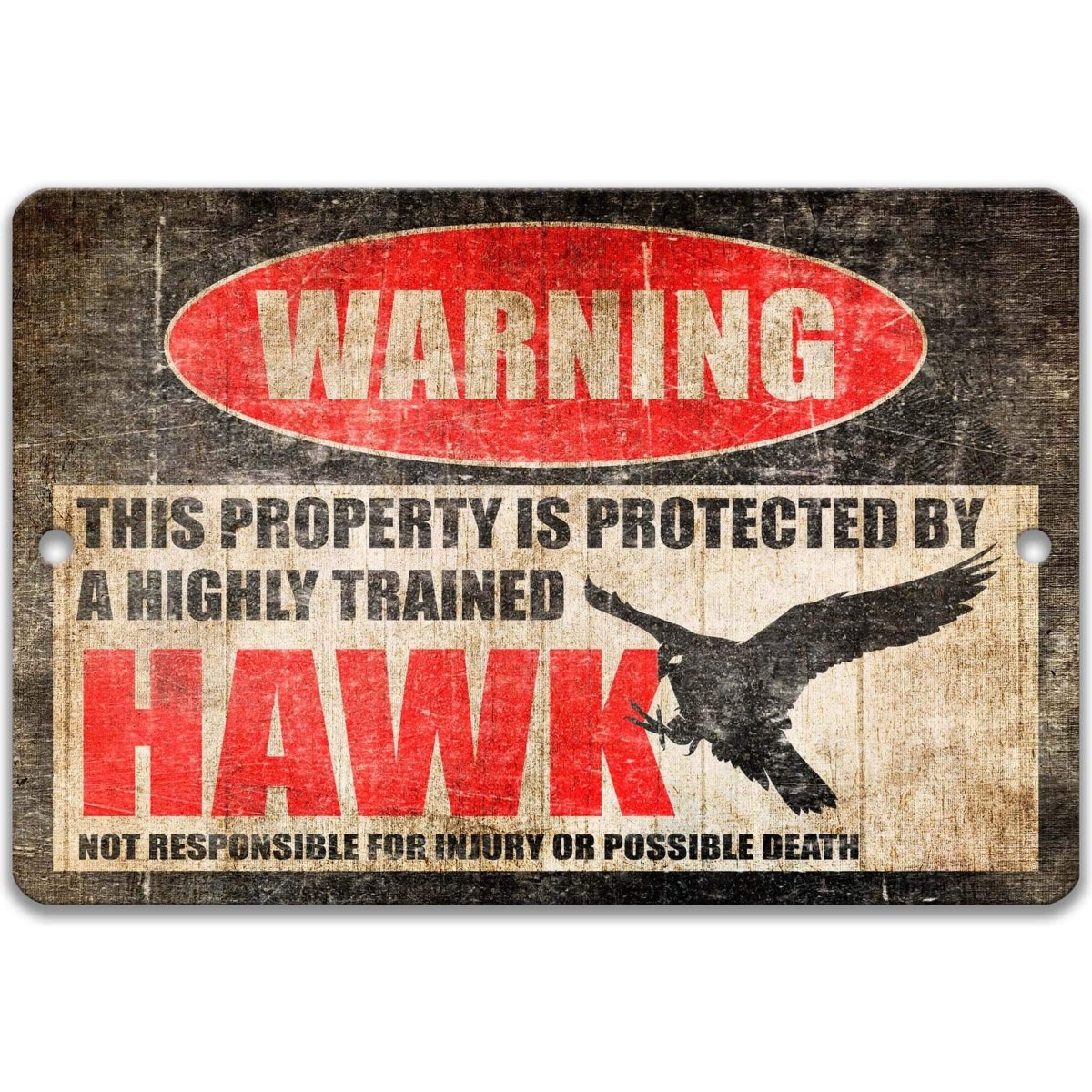 Hawk warning metal sign, glossy black, red WARNING oval and diving hawk silhouette