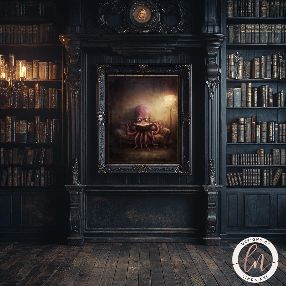 a large, ornate fireplace with a framed painting of an octopus sitting on a chair in the center. The room is filled with bookshelves, creating a cozy and intellectual atmosphere.