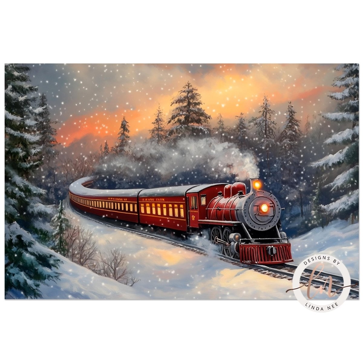 A red steam locomotive pulling passenger cars travels through a snowy forest, with a colorful sunset sky in the background.