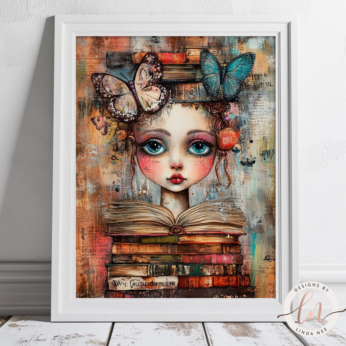 The image is a framed artwork depicting a young girl with large blue eyes and a whimsical expression, surrounded by a stack of colorful books and butterflies.