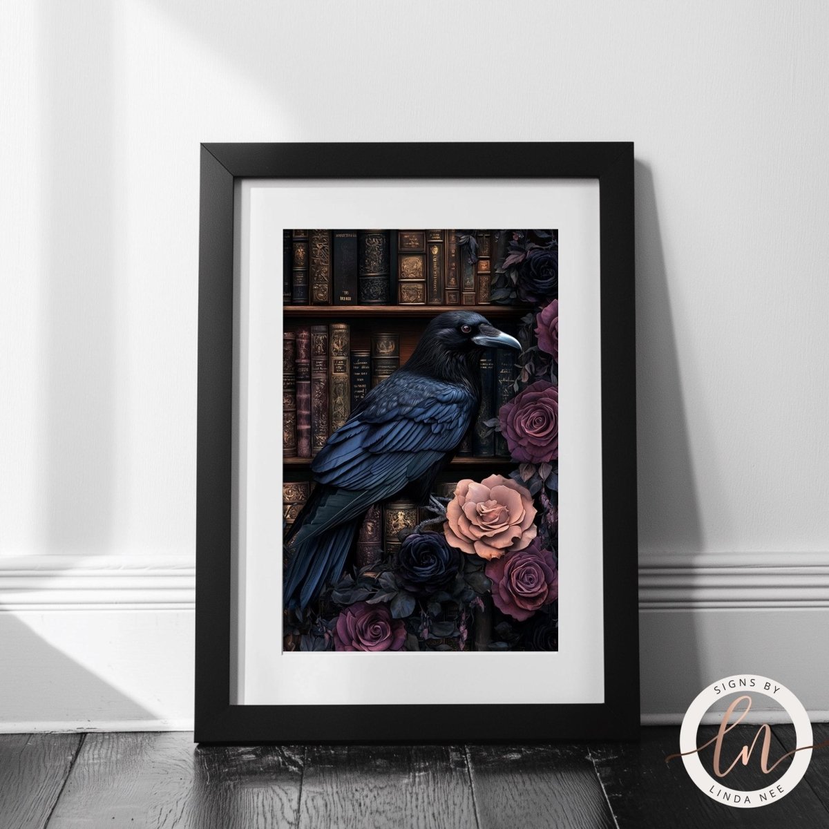 Raven on a floral bookshelf print displayed against a dark wall