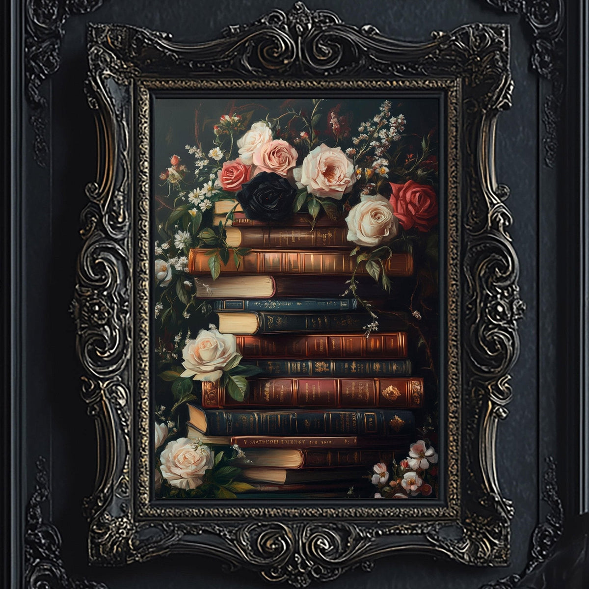A framed painting depicting a stack of books surrounded by a floral arrangement of roses and white flowers.