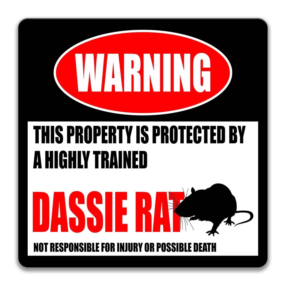 Dassie rat warning metal sign, glossy black, red WARNING oval and long-tailed dassie rat silhouette