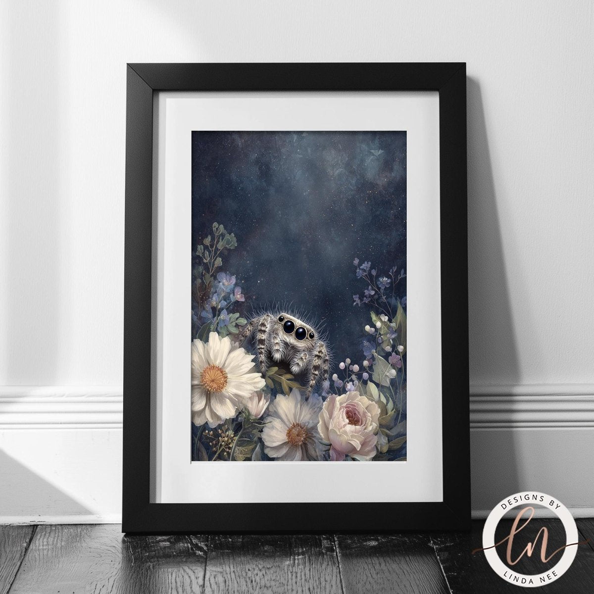 a black ornate frame with a painting of a spider sitting among flowers and plants.