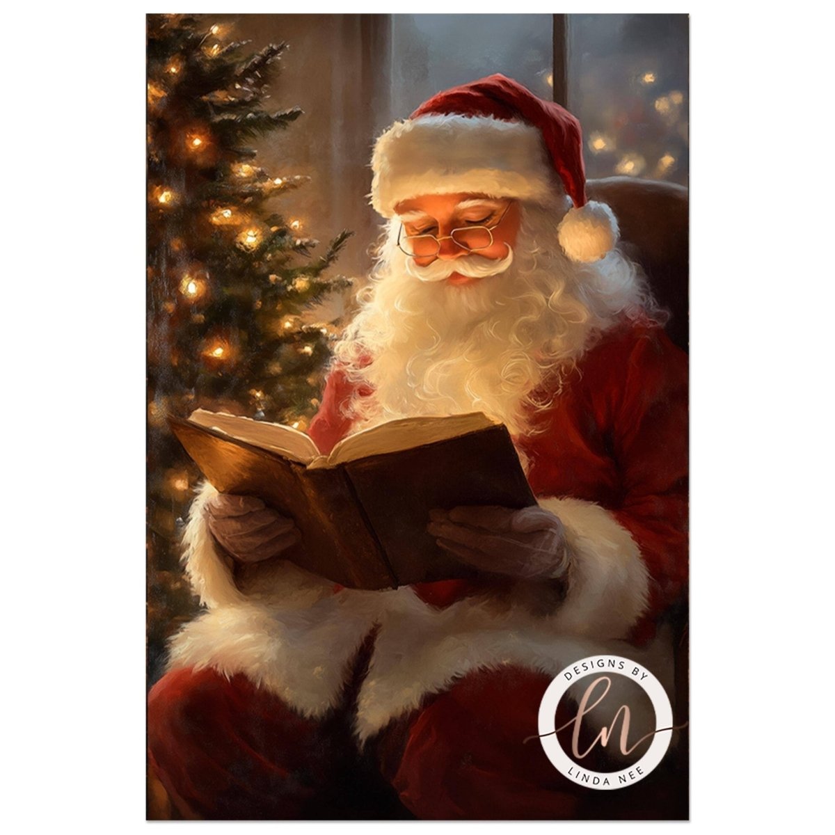 Father Christmas seated reading a book in front of a lit Christmas tree