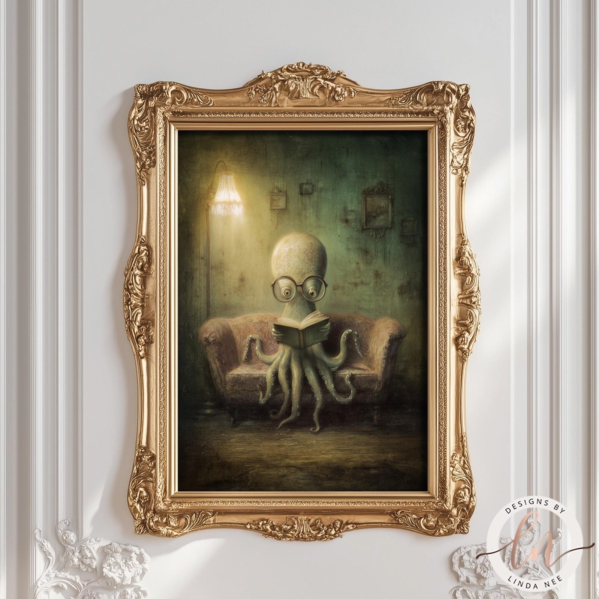 The image is a painting of an octopus sitting on a couch and reading a book.