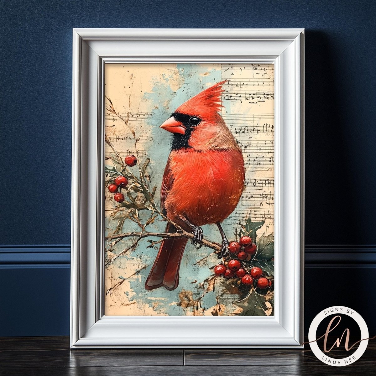 【スタンプアート・額装】 オリジナルデザイン Red Art とX'mas Cardinal Sheet Music Art Print - Vintage Christmas Decor