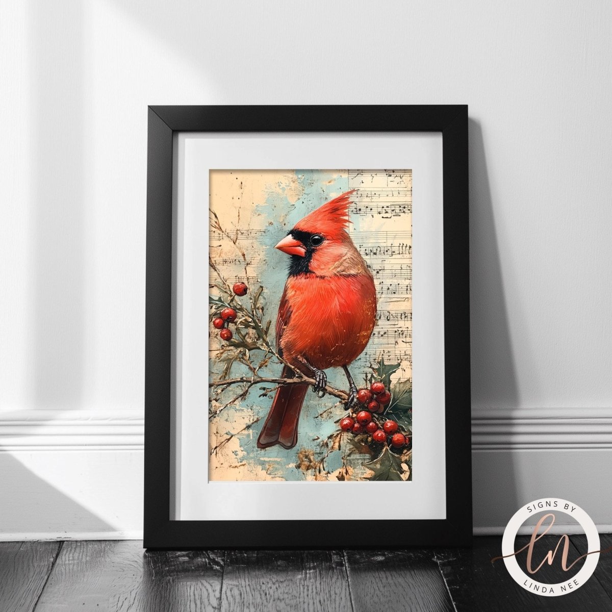 Cardinal Sheet Music Art Print - Vintage Christmas Decor
