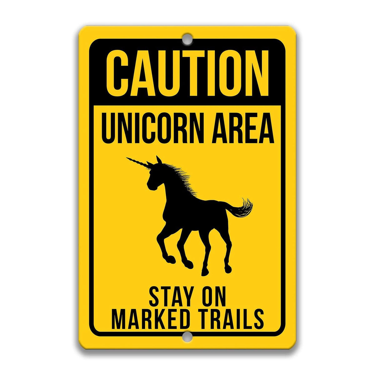 Caution Unicorn property sign, rustic weathered finish, bold rearing unicorn silhouette with warning text