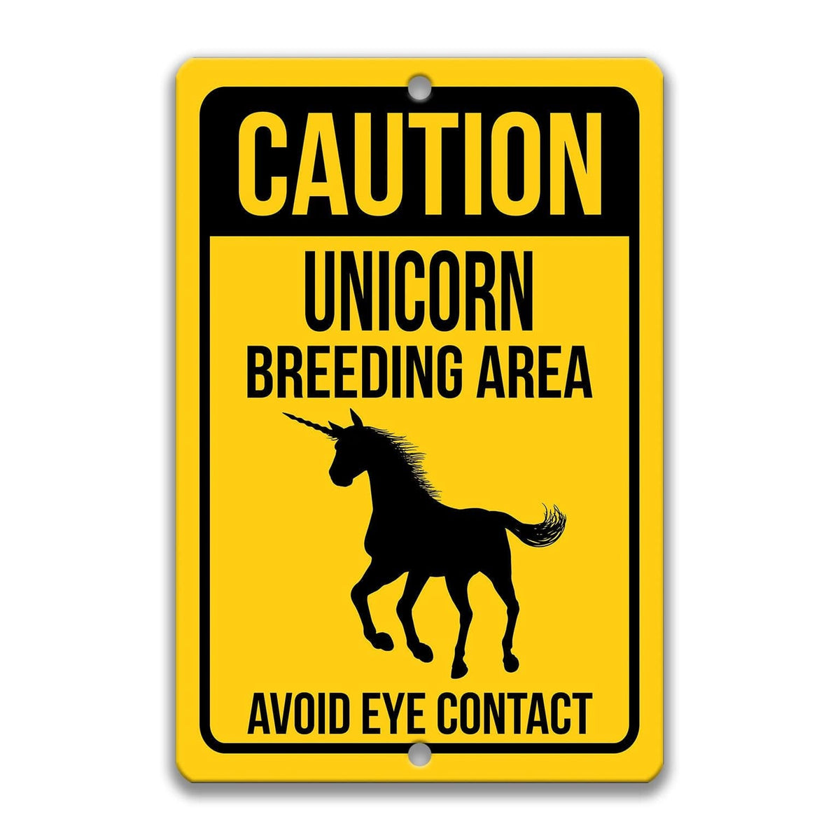 Caution Unicorn yard warning sign, rustic weathered finish, bold rearing unicorn silhouette with warning text
