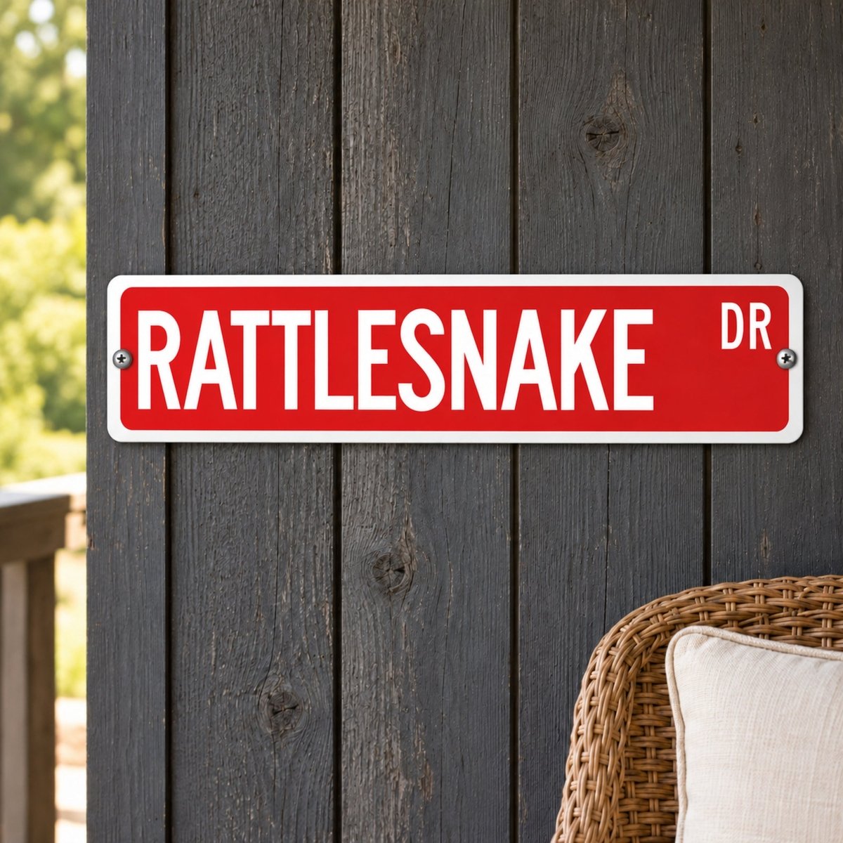 Rattlesnake street sign with a red background reading RATTLESNAKE DR, hanging on a wall