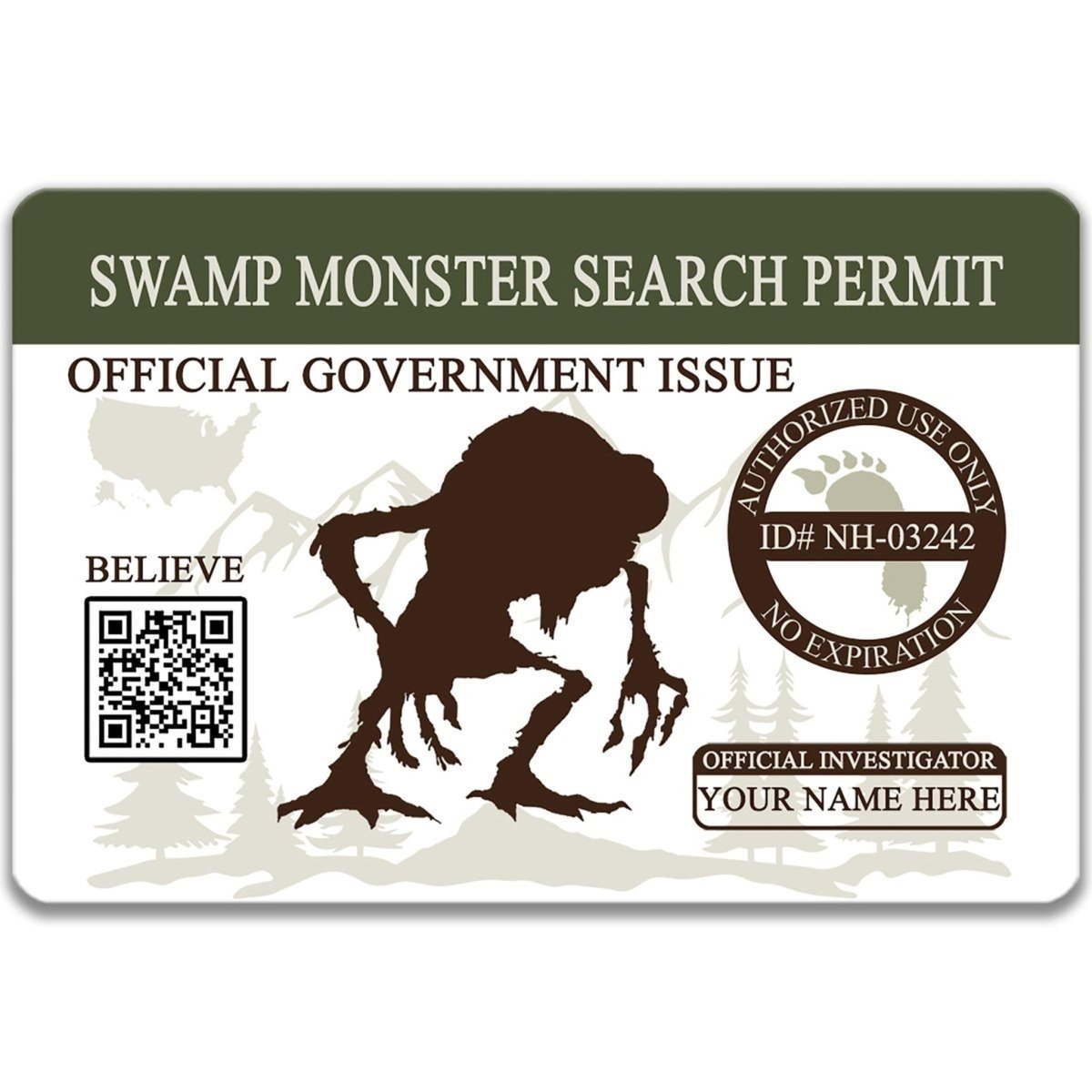 The image is a Swamp Monster Search Permit, which is an official government issue. It features a silhouette of a monster and includes a QR code, a barcode, and a QR code.