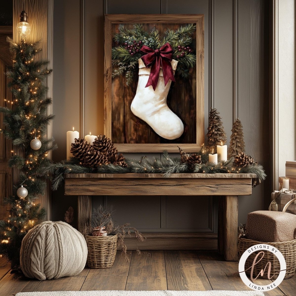 Stocking wall art styled with pine cones, a basket and a pair of boots