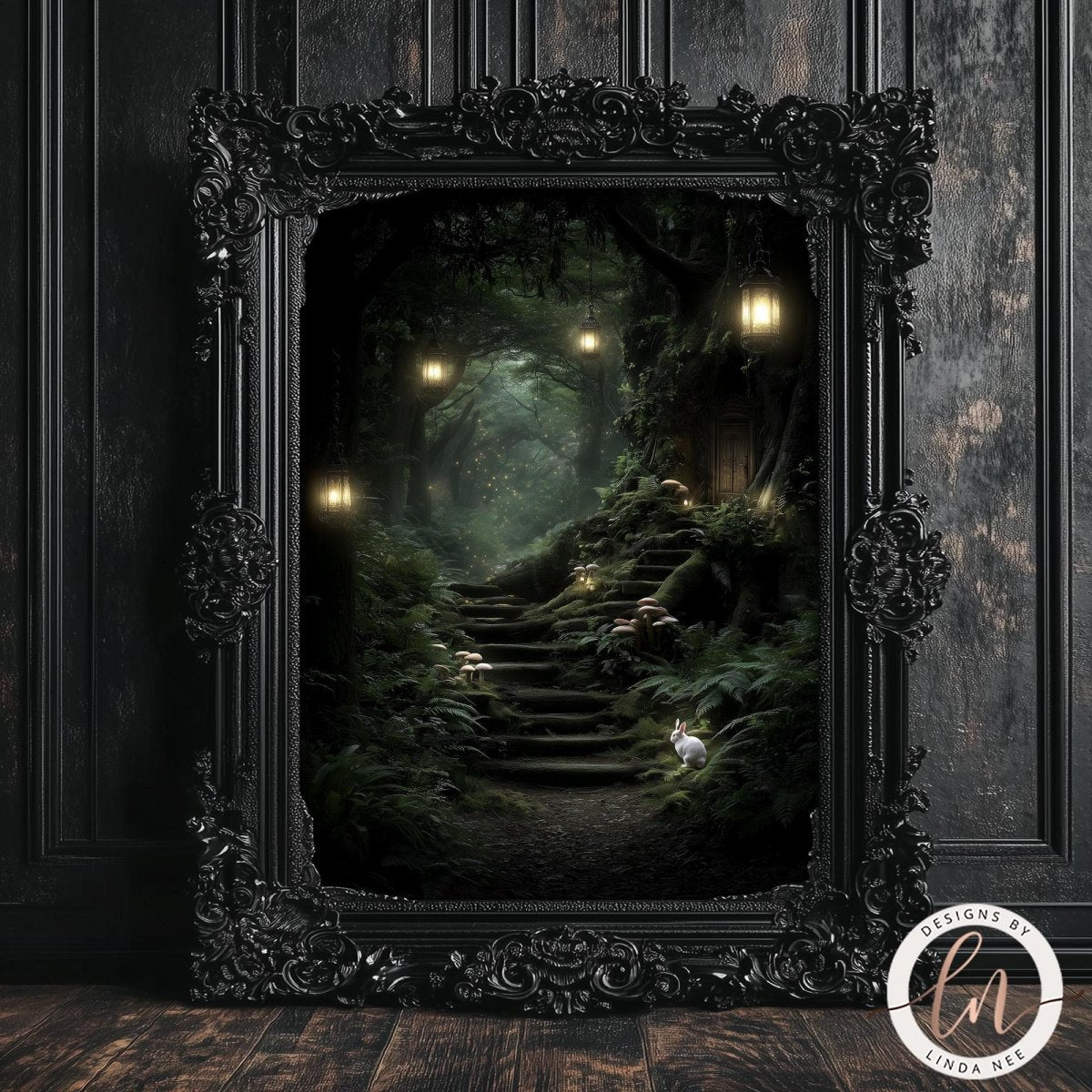 The image is a framed painting depicting a serene forest scene with a winding path leading up to a small wooden cabin nestled among the trees.
