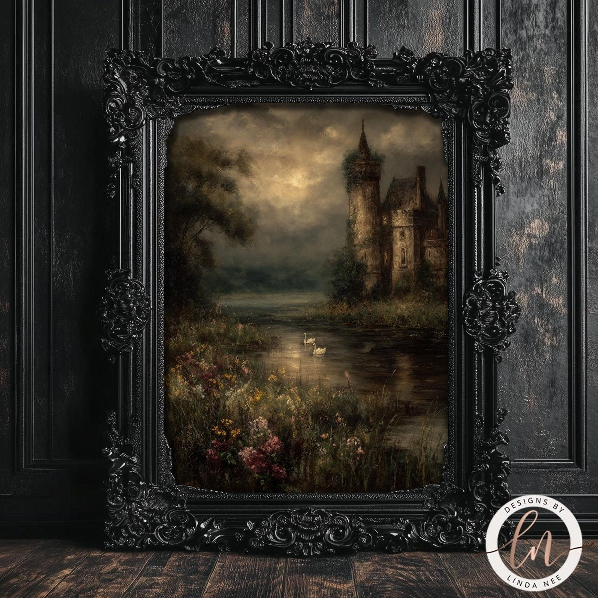 The image is a framed painting depicting a castle surrounded by a moat and lush vegetation, with a cloudy sky in the background.