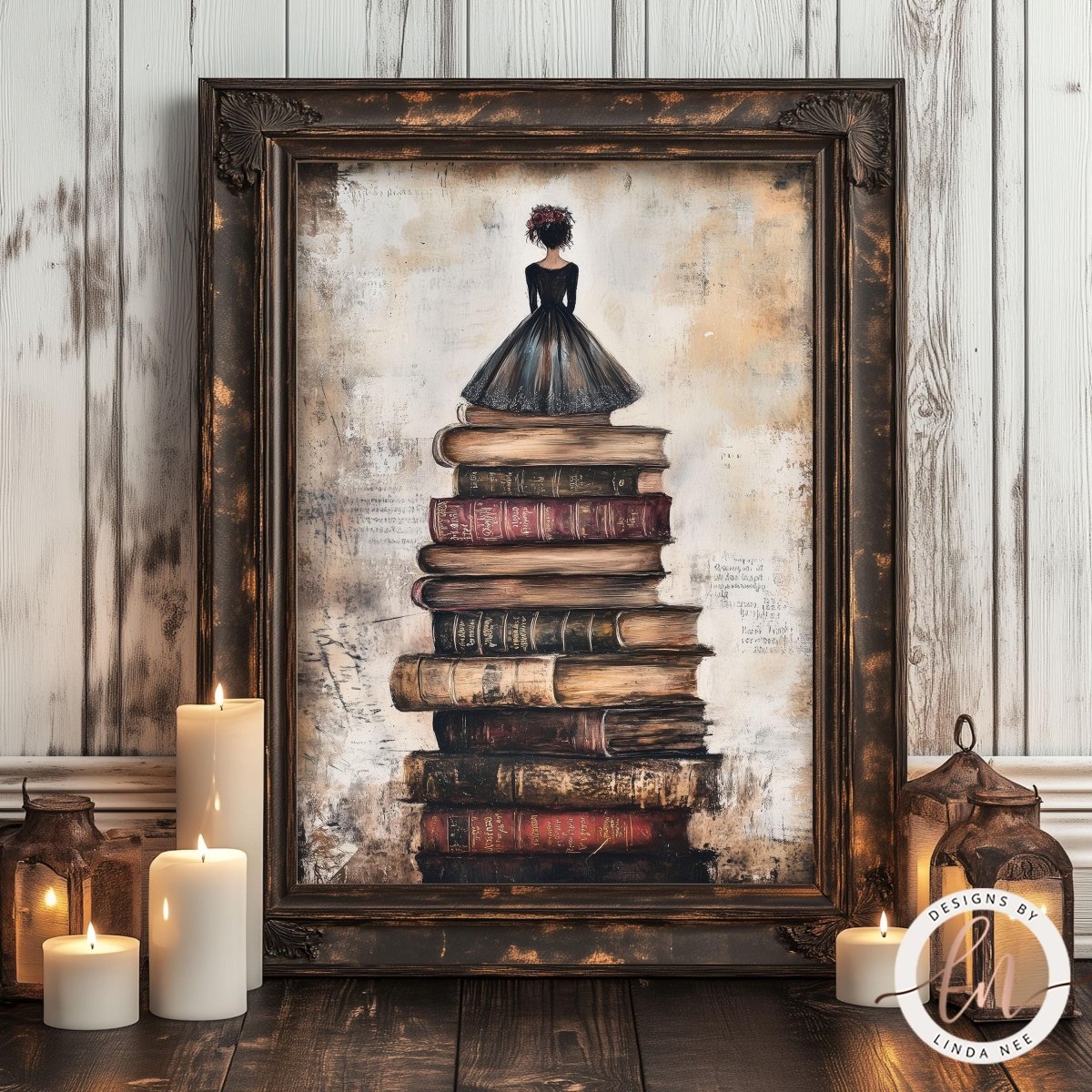 a framed print of a woman standing on a stack of books.