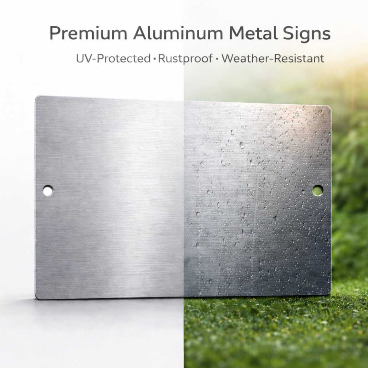 a metal sign with a textured surface, with one side appearing shiny and the other side appearing wet. The text above the image reads "Premium Aluminum Metal Signs", and below it, "UV-Protected - Rustproof - Weather-Resistant".