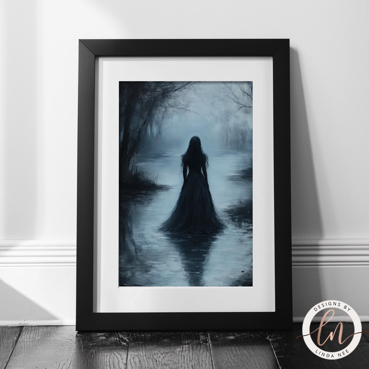The image is a framed painting depicting a woman in a long black dress standing in a misty, forested landscape.