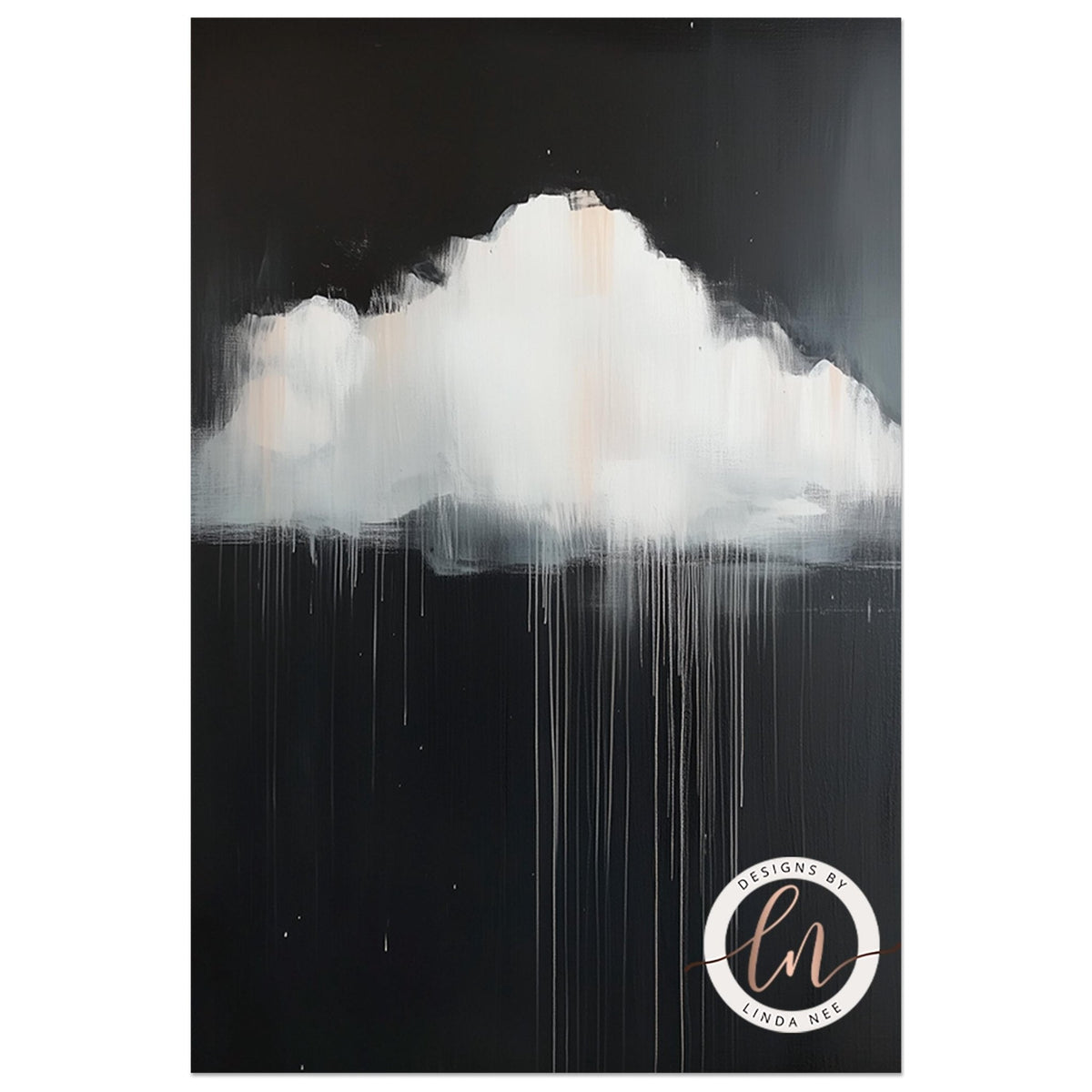 a dark blue wall with a gold-framed painting of a cloud hanging on it.