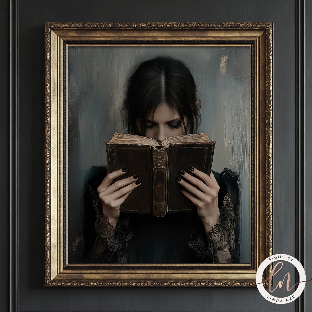 Woman reading a book in a gilded frame against a dark background