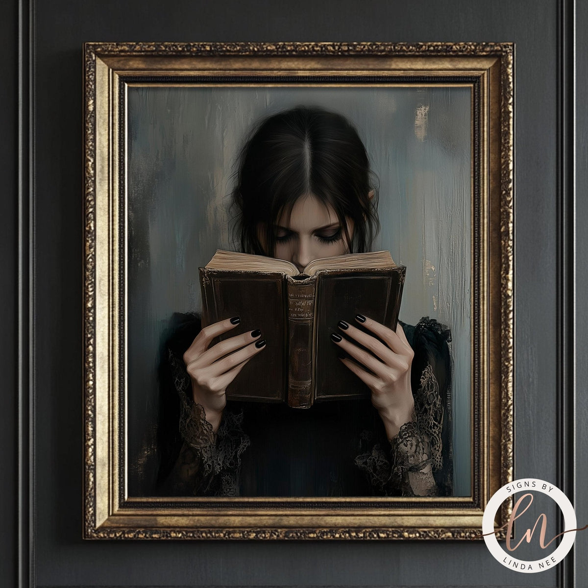 A woman is reading a book in a gilded frame, with a dark background.