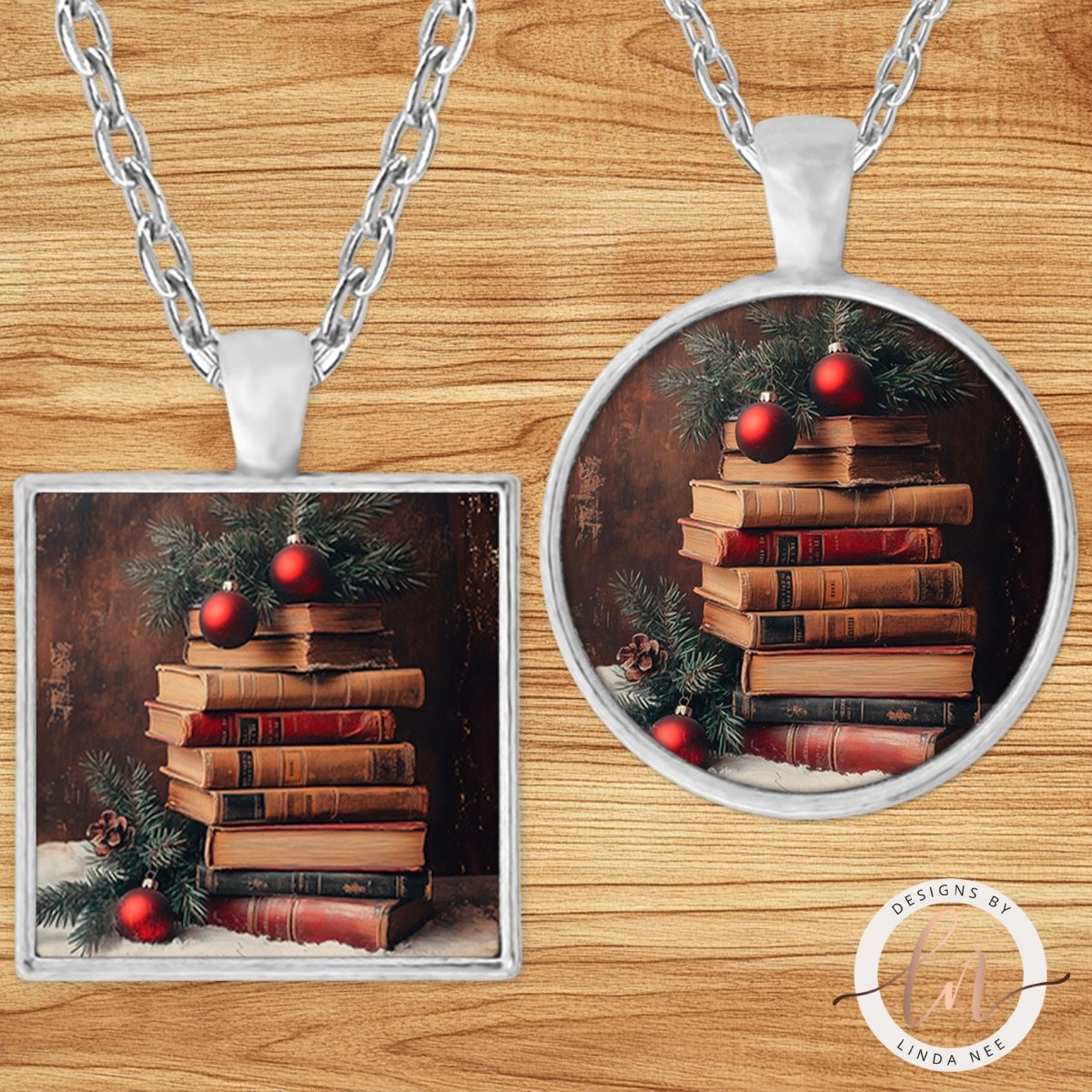 Christmas Book Stack Bibliophile Pendant Necklace