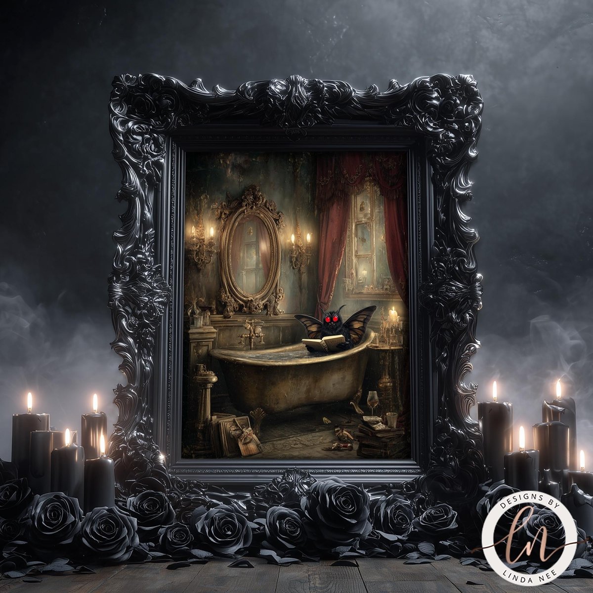 The image is a framed painting depicting a Victorian-style bathroom with a bathtub, a mirror, and a bat. The painting is surrounded by candles and roses, creating a dark and gothic atmosphere.