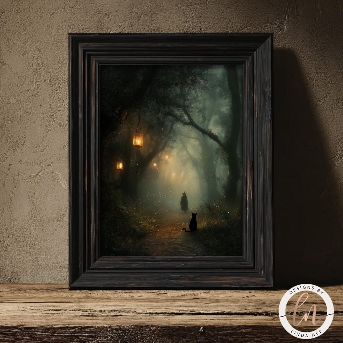 A framed painting depicting a serene forest scene with a cat sitting on a path, surrounded by trees and illuminated by lanterns.