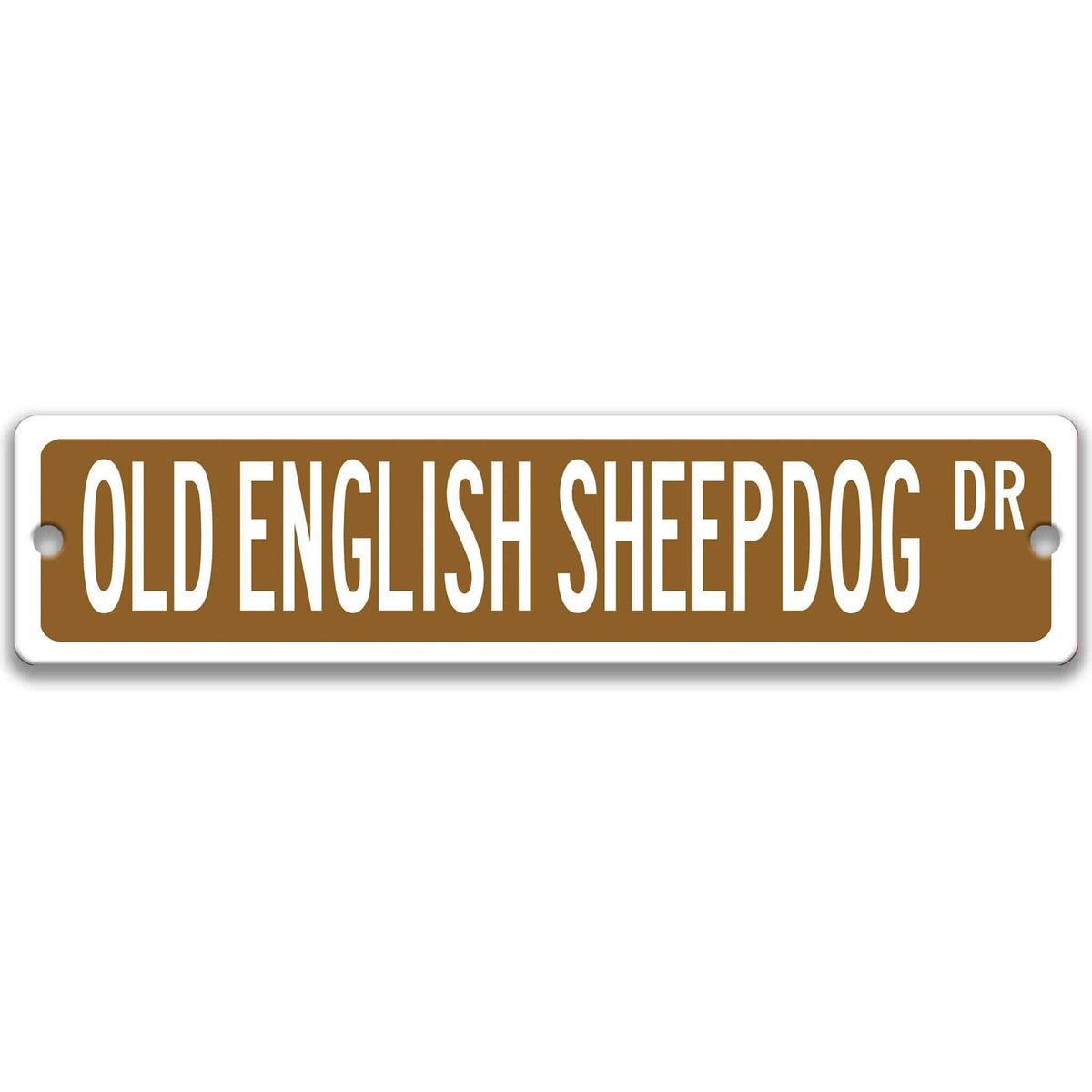 Red Old English Sheepdog DR aluminum street sign with white lettering