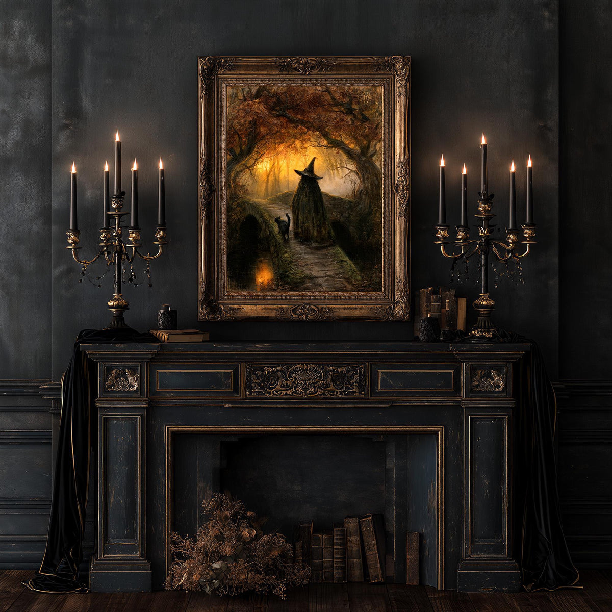 Autumn witch print centered over a fireplace between two tall candlesticks