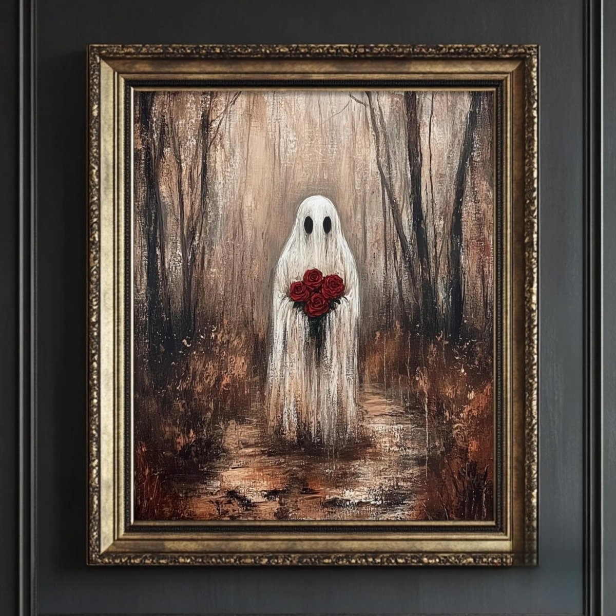 Ghostly figure holding a bouquet of red roses in a forest