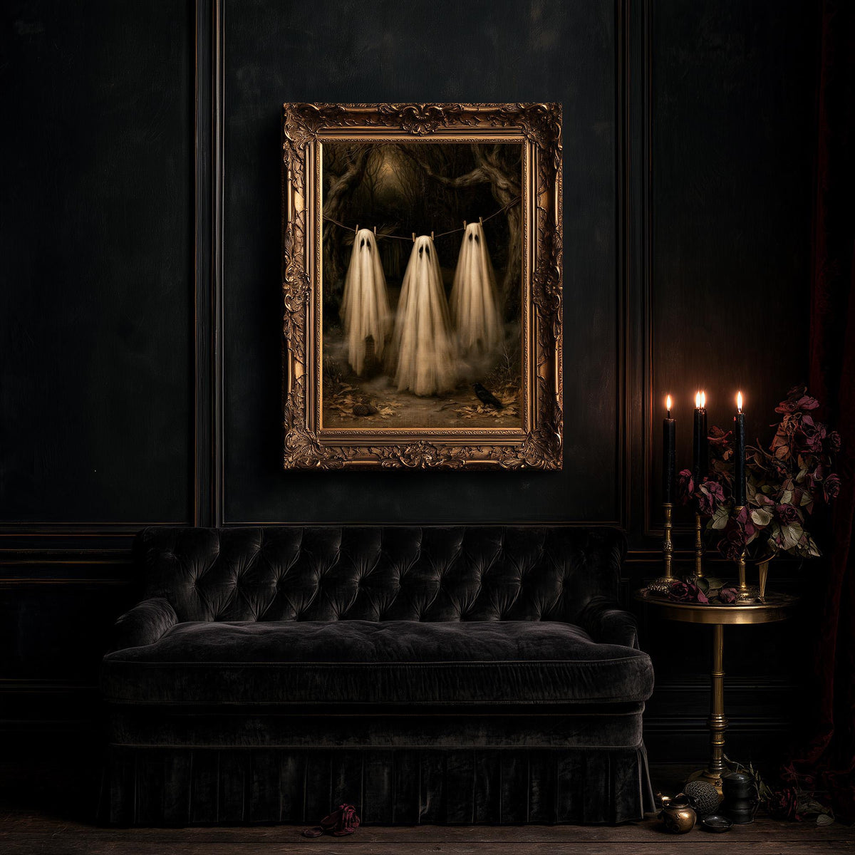 Gothic ghost art print of three sheet ghosts above a black tufted sofa in a candlelit room