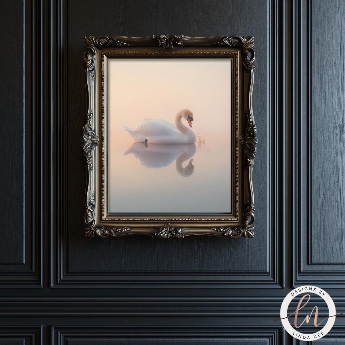 A framed image of a white swan swimming in a calm body of water, with a dark background.