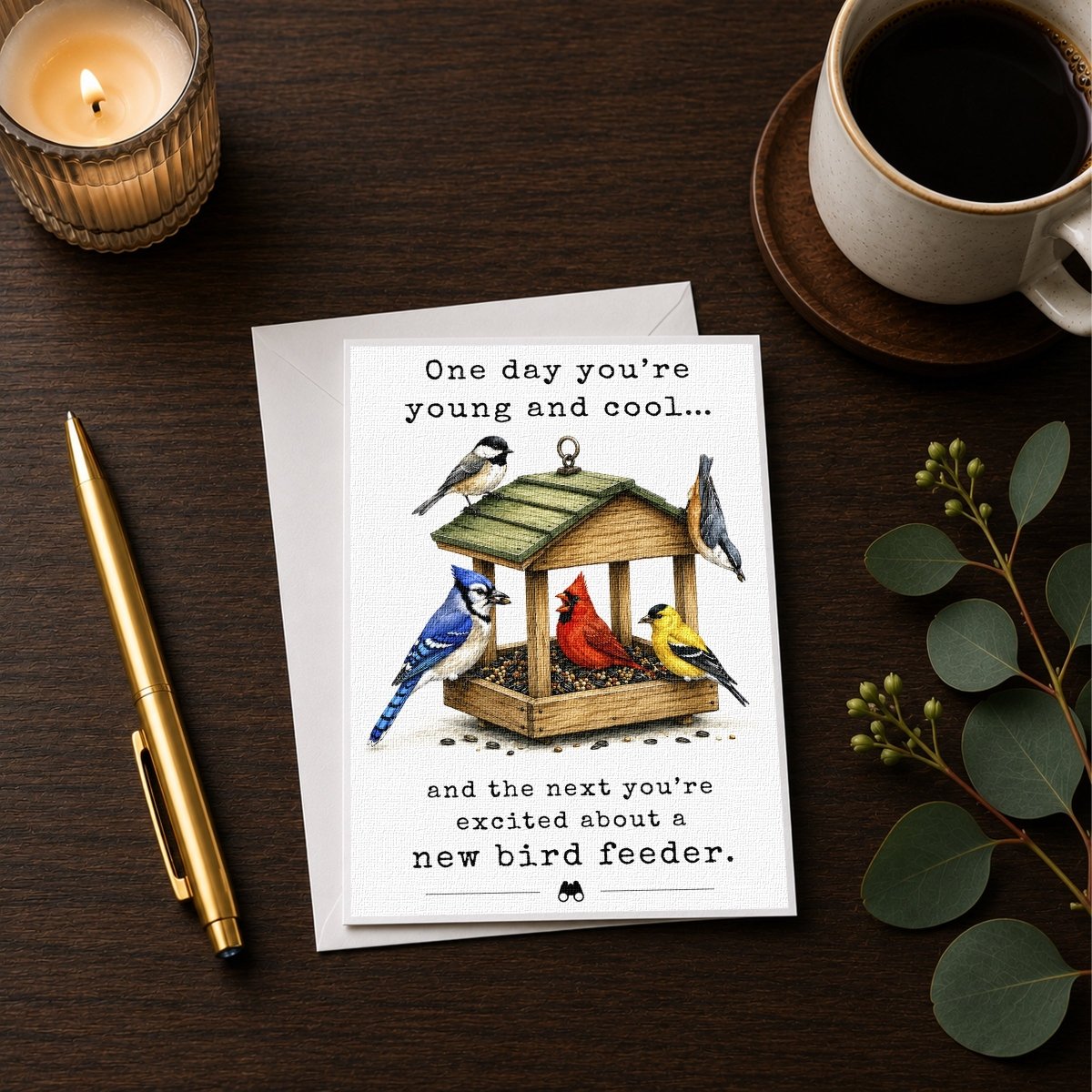 a greeting card with a birdhouse illustration, a pen, a candle, and a cup of coffee on a wooden surface.