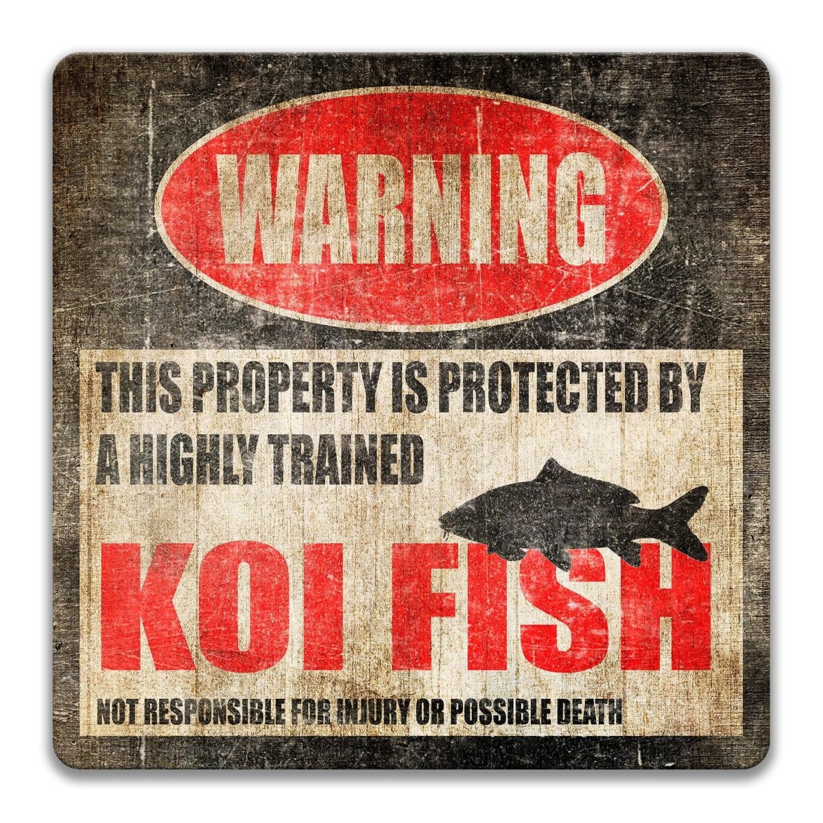 Square Koi fish warning metal sign, black background with red WARNING banner and koi fish silhouette