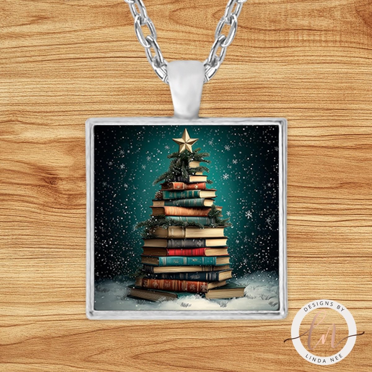 Book Stack Christmas Tree Pendant Necklace