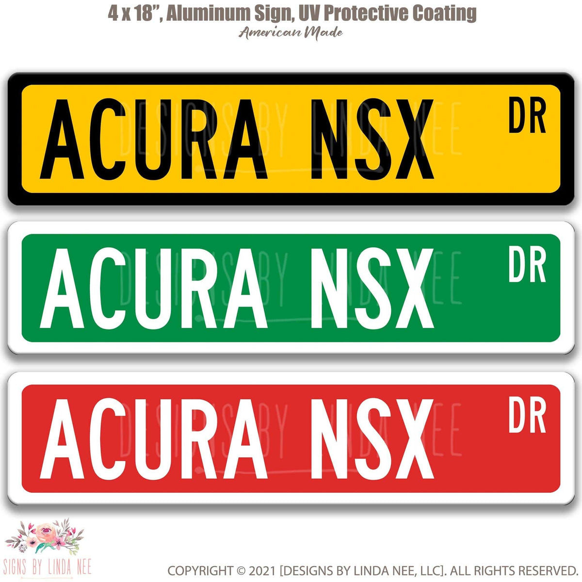 Acura NSX DR street name sign shown in three aluminum color options