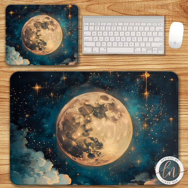 Celestial Full Moon Desk Mat - Dark Academia Witchy Gaming