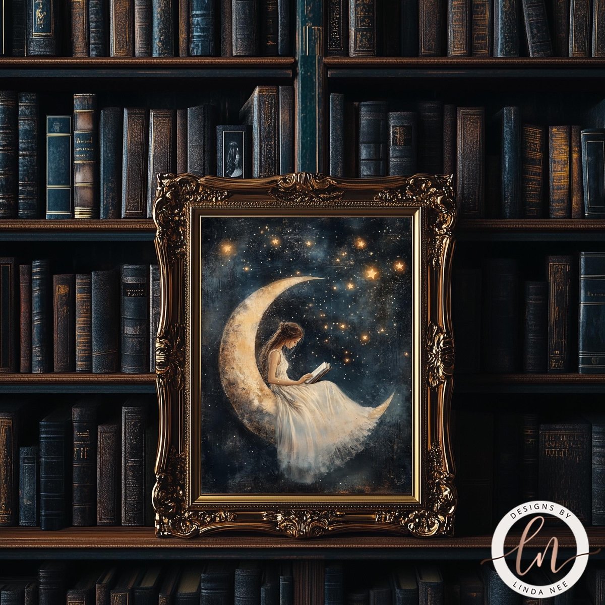 a painting of a woman sitting on a crescent moon, reading a book, with a starry night sky in the background. The painting is framed and displayed in a wooden frame, which is placed on a bookshelf filled with books.