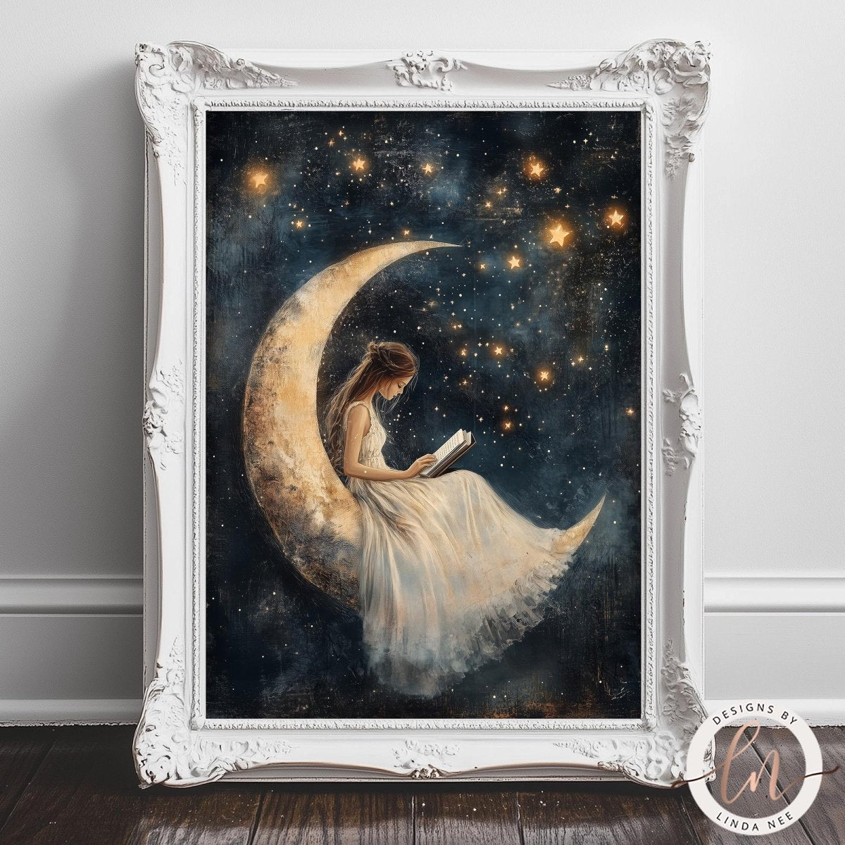 A woman in a flowing white dress is sitting on a crescent moon, reading a book, with a starry night sky in the background.
