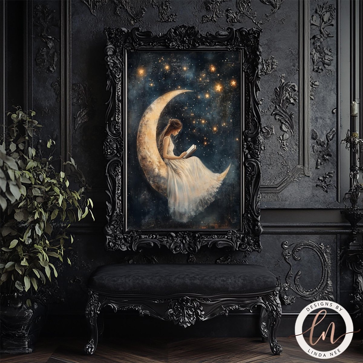 a painting of a woman sitting on a crescent moon, surrounded by stars, in a dark and ornate room with a black bench and a plant.