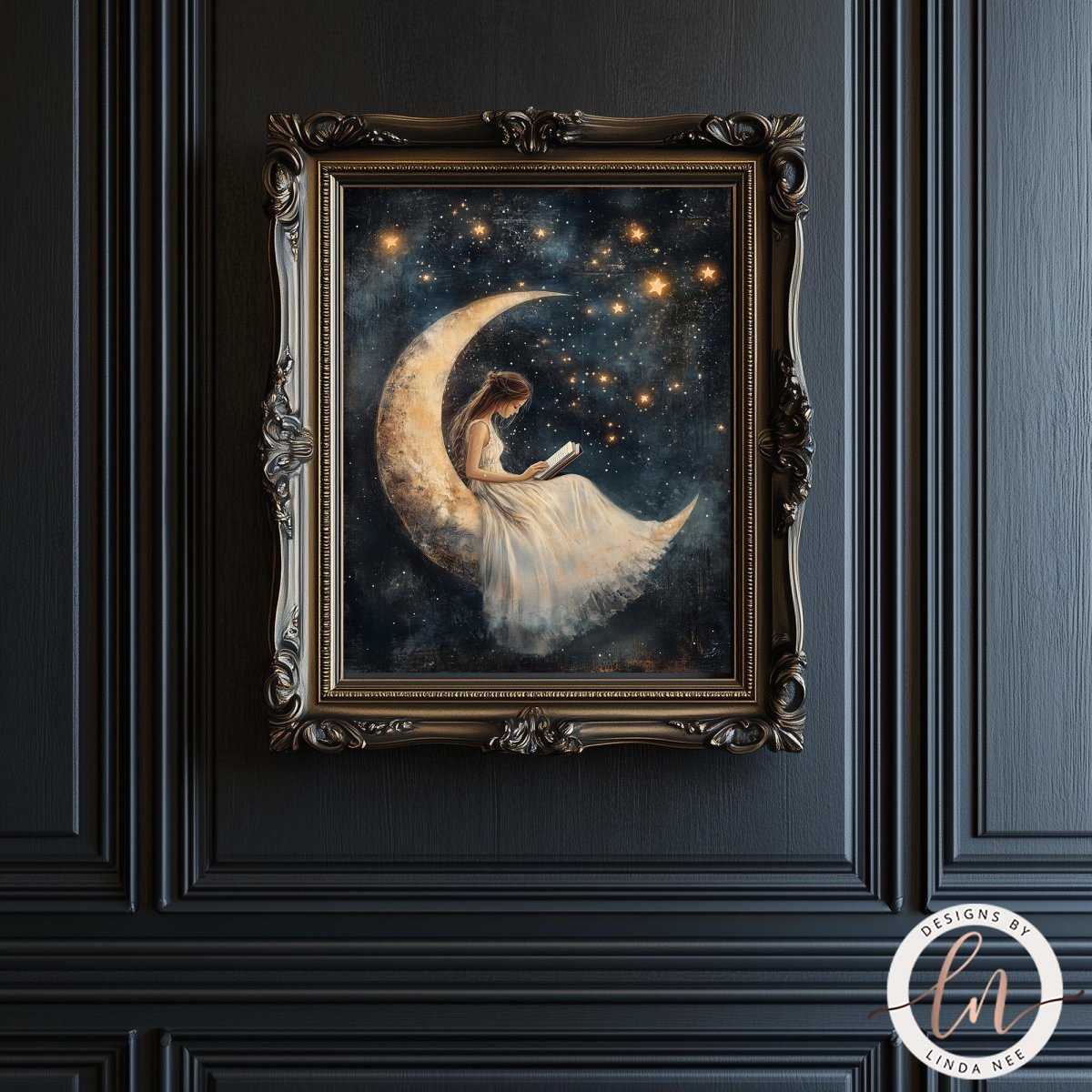 a painting of a woman sitting on a crescent moon, surrounded by stars, in an ornate frame.