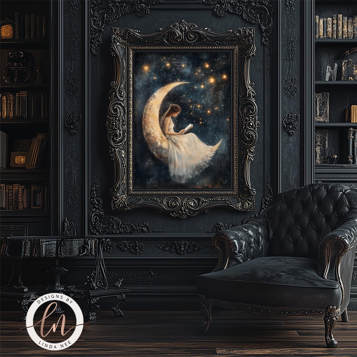a painting of a woman sitting on a crescent moon, surrounded by stars, in an ornate frame. The painting is displayed on a wall in a room with a black leather chair and a bookshelf filled with books.