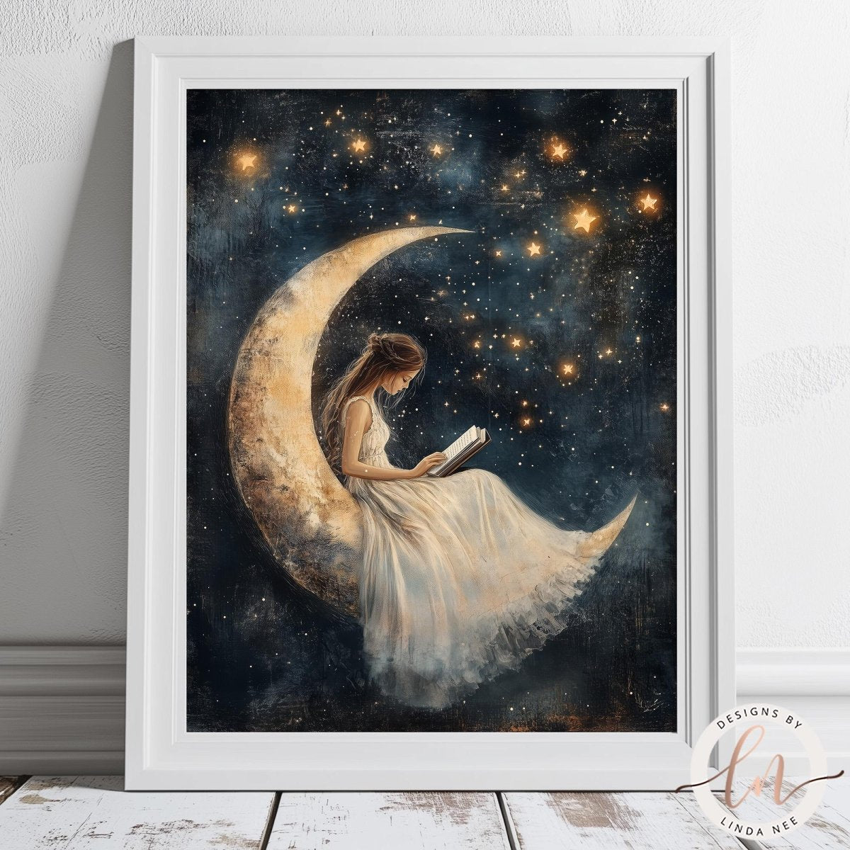 A woman in a flowing white dress sits on a crescent moon, reading a book and gazing up at the night sky filled with stars.