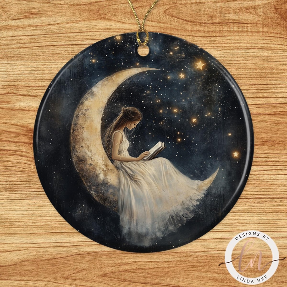 A woman in a flowing white dress is sitting on a crescent moon, reading a book under the starry night sky.