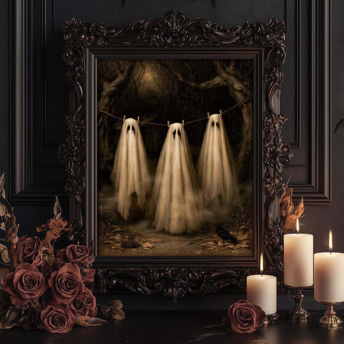 Ghost wall art shown framed for display among candles and dried flowers