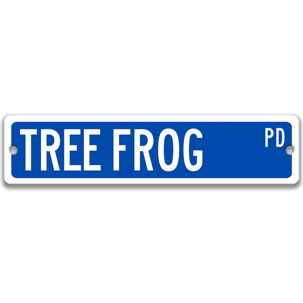 Tree Frog Street Name metal sign with blue background
