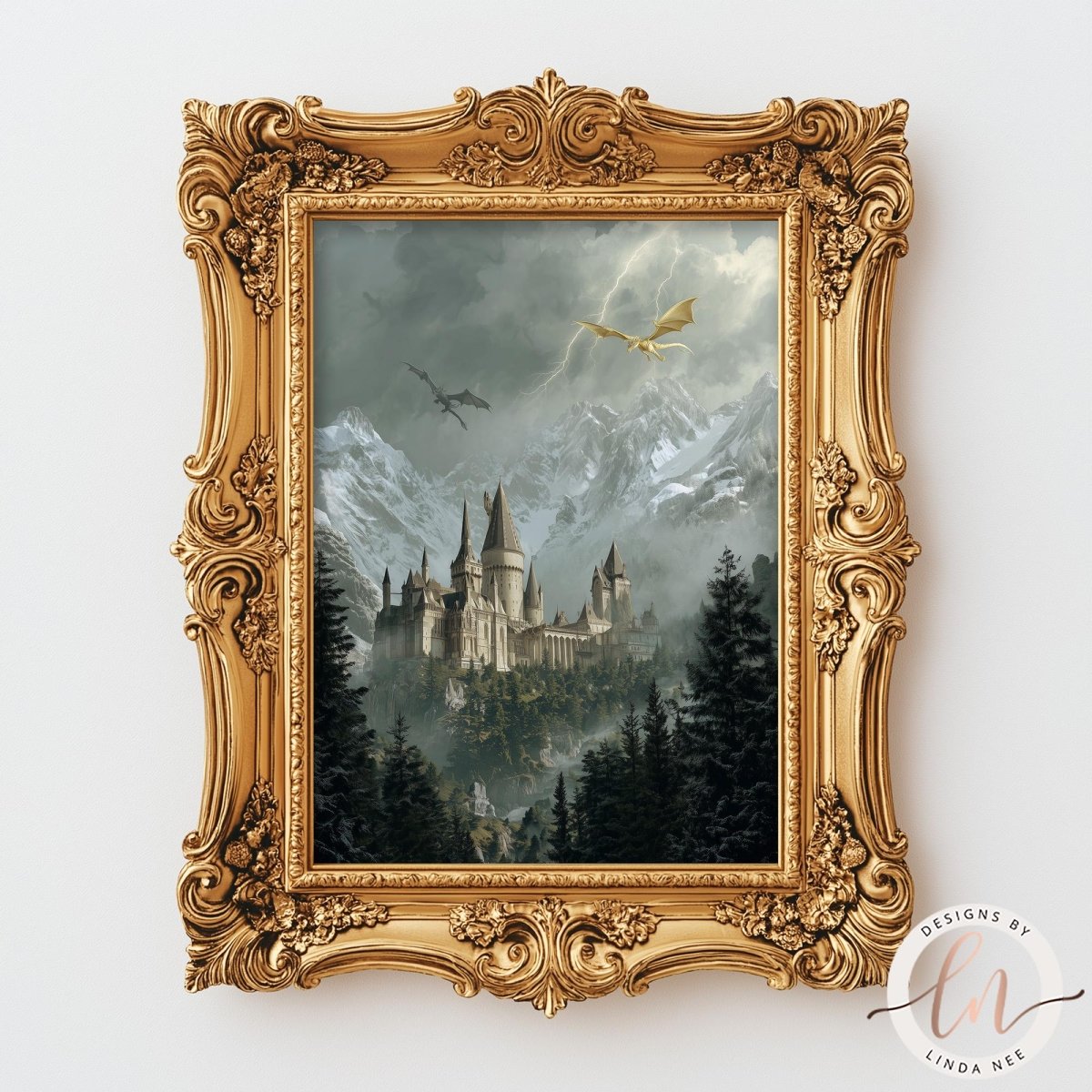 A framed painting depicting a castle surrounded by a misty, mountainous landscape with a dragon flying overhead.