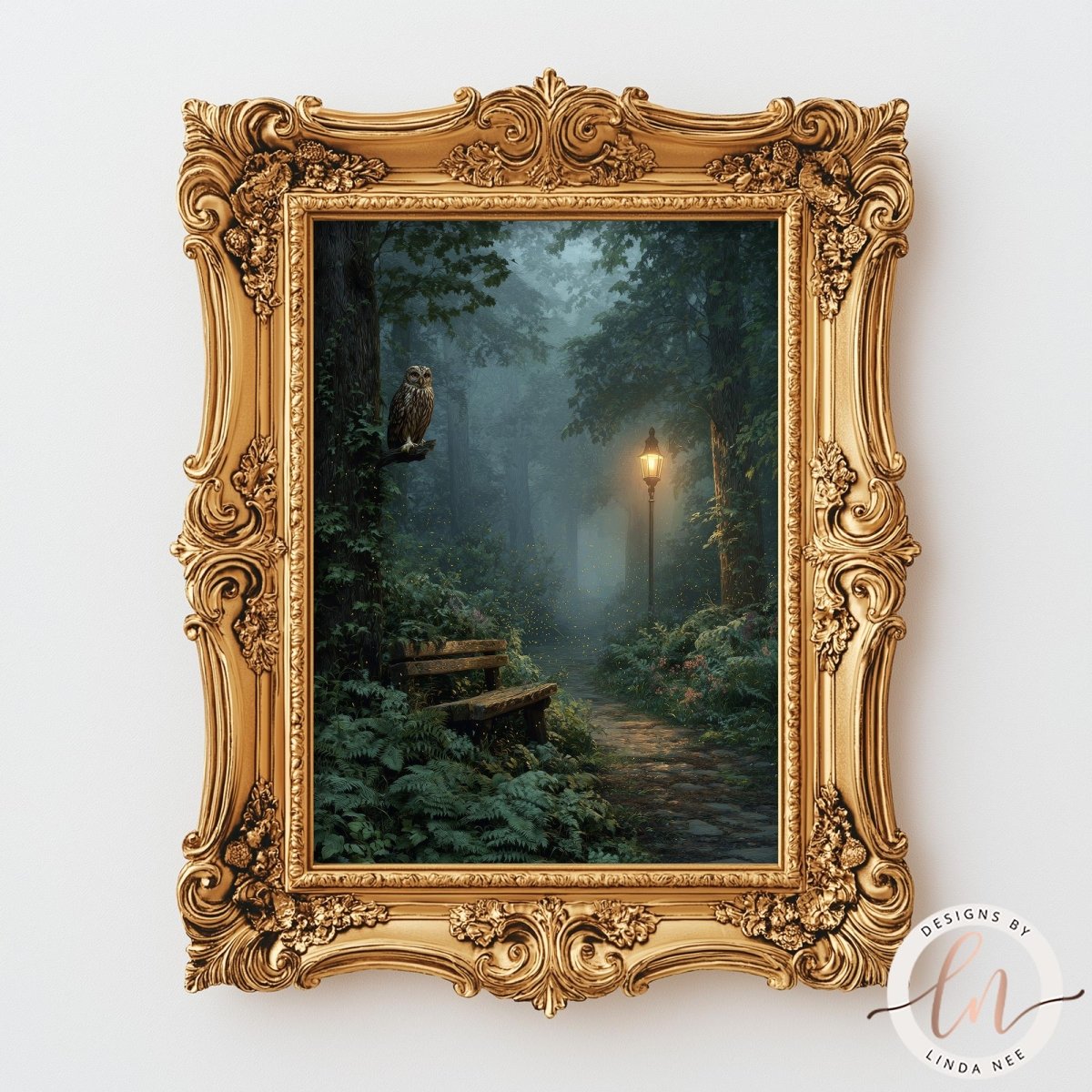 A painting of a forest path with a bench and an owl perched on a tree branch, framed in an ornate golden frame.